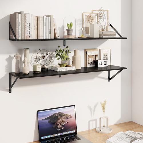 Heimlove Black Deep Floating Shelves for Wall, 40W x 8D Wood Wall Shelves Set of 2, Wide Floating Bookshelf for Living R