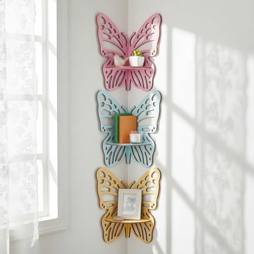 3 Pcs Butterfly Corner Floating Shelves Wall Mounted Set, Macaron Color