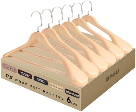17.5" Wooden Suit Hangers, Non Slip Pants Bar, Natural Wood, 6-Pack