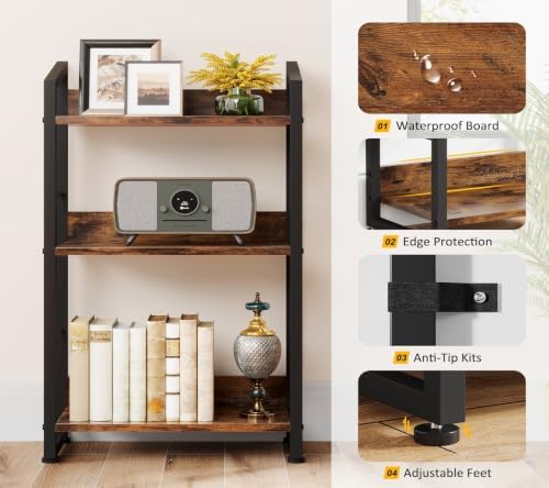 Hosfais Book Shelf Small Bookshelf: 3-Tier Wood Bookcase Industrial Bookshelf with Edge Protection Metal Narrow Bookcase