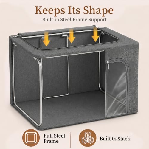 GoMaihe Clothes Storage Bins with Metal Frame for Blanket 3 Pack 66L Grey