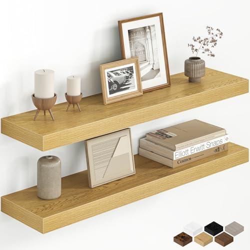 32 Inch Floating Shelves for Wall, Rustic Wood Wall Mounted Deep Storage Shelves with Invisible Brackets, Large Decorati