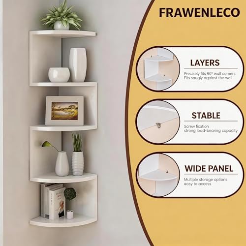 5-Tier Corner Shelf Wall Mount, Screw-Mounted Floating Bookshelf with Enhanced Support, Space-Saving Zigzag Shelf for Be
