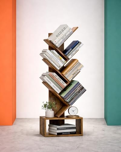6 Tier Tree Book shelf - Small Bookcase and Small Bookshelf for Small Spaces, 15.0-Inch Wide Rustic Standing Organizer w