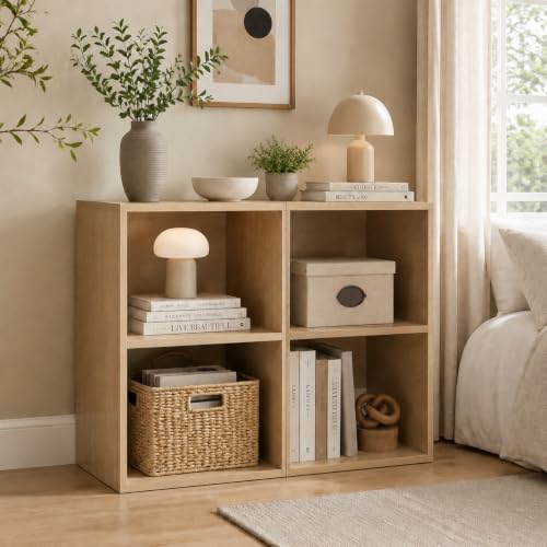POWERSTONE 2 Tier Bookshelf, Cube Open Bookcase, 2PCS Natural