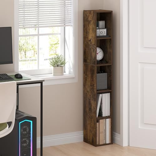 Furinno Fulda Book Shelf, 5-Tier Tall Narrow Bookshelf, Standing Bookcase with 8-in Width Storage Shelf, 9.3 x 7.9 x 51.