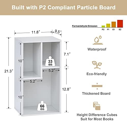 VECELO Small White Bookshelf, Freestanding 3 Open Cubby Storage Cabinet with Uneven Compartments, Thickened Board, Fits 