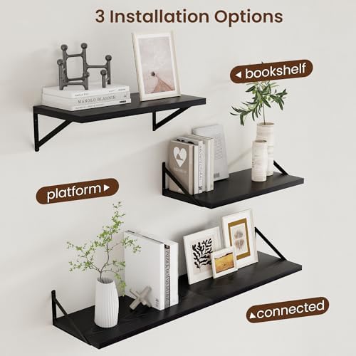 Axeman Deep Floating Shelves Black- 24 Inch Wide x 12 Inch Deep Wall Shelves Set of 2 - Black Wood Wall Shelves for Livi