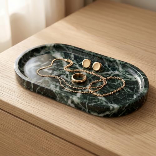 YKAJO Snowflake Green Oval Marble Tray, 9.8x4.7 Vanity Perfume Organizer