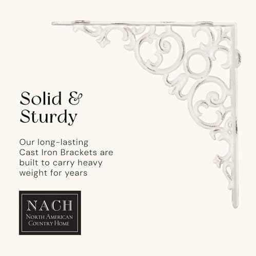 NACH Metal Shelf Brackets, Small Shelf Brackets for Wood Shelves Set of 4, Antique White Cast Iron Wall Shelf Support, V