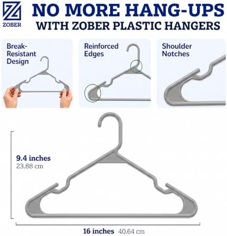 Zober Gray Plastic Hangers 50 Pack, Clothes Hangers Plastic