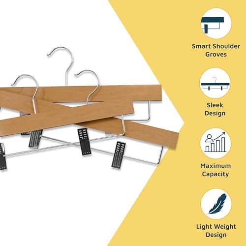 Natural Color Wooden Pants Hangers 20 Pack, Lotus Wood Hanger with Adjustable Non-Slip Clips, Heavy Duty 10 lb Capacity, 360° Swivel Hook, Slim, Space-Saving Design for Slacks, Jeans, Skirts