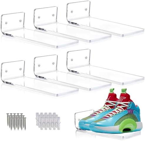 SIPRDE Floating Shoe Display Shelves for Wall Mount Set of 6 - Clear Acrylic Floating Shelves for Showcase Sneaker Colle