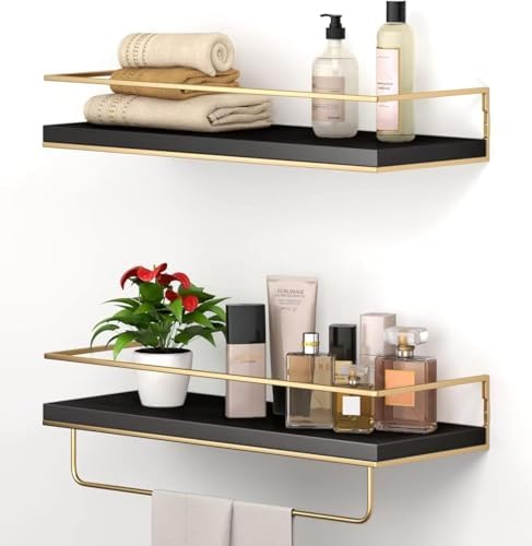 Shario Floating Shelves - Set of 2, Wall Mounted Hanging Shelves with Golden Towel Rack, Decorative Storage Shelves for 
