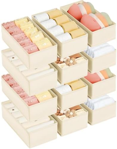 DIMJ Drawer Organizer Clothes - Underwear Organizer Small Sock Organizer Closet Organizers and Storage Box Dresser Drawer Dividers for Baby Clothes,Bra,Socks, Belt, Tie, Set of 12, Beige