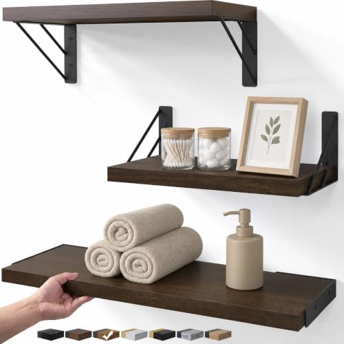 BAYKA Wall Mounted Floating Shelves (Walnut-Like, Set of 3, 16" Mixed)