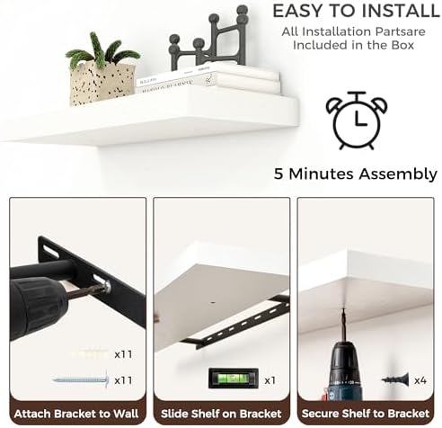 55 Inch Floating Shelves for Wall, 6.5"D Wood Storage Shelves, White Finish