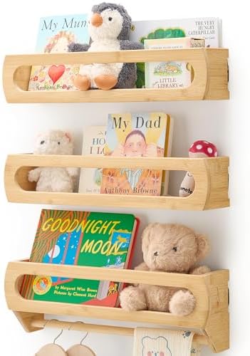 Nursery Shelves for Wall, Premium Bamboo Wood, Fully Assembled - Nursery Book Shelves, Book Shelf for Kids Rooms, Multi-