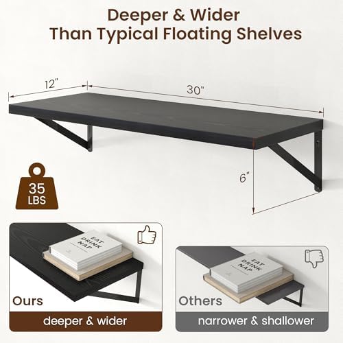 Axeman Deep Floating Shelves - 30 Inch Black Floating Shelves Set of 2-12 Inch Deep Wood Wall Shelves for Living Room Ba