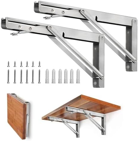 Storystore Folding Shelf Brackets - 8 Inch Heavy Duty Stainless Steel Collapsible Shelf Bracket for Bench Table, Space S