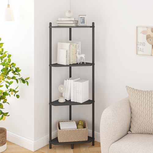 Wisuce Black Small Corner Shelf Stand, 4-Tier Bamboo Corner Bookshelf