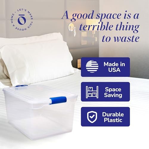 HOMZ Clear Plastic Storage Bins w/Latching Lid, 66 Qt, Blue Latch, 2 Pack