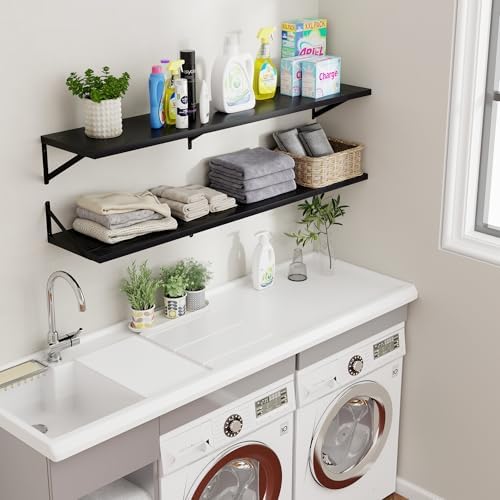 Axeman Floating Shelves for Wall Black- 55 Inch Wide x 12 Inch Deep Wall Shelves Set of 2 - Black Deep Wood Floating She