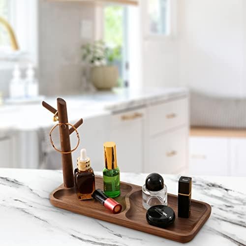 Walnut Wood Key Tray for Entryway Table, Jewelry Tray, Catchall Tray with 3 Stand Hanging Organizer, for Rings, Phone, B