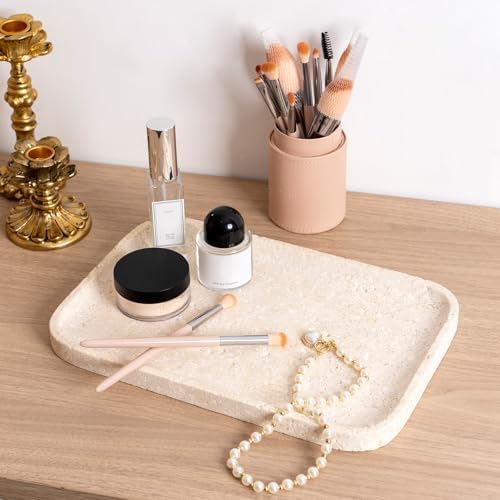 Karibiber Natural Marble Vanity Tray, 11.8" Marble/Stone Bathroom Tray Countertop, Beige Tray for Decor, Perfume Jewelry