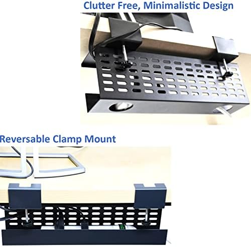 AEONS Under Desk Cable Management Tray Black Horizontal 16-inch Under Desk Removable C Clamp Mount Computer Cord Raceway