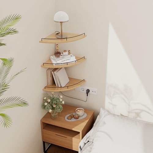 JJL Corner Shelf Wall Mounted, 12 Inches 3-Tier Floating Corner Shelf, Fan-Shaped Rustic Wood Decor with Fence, Natural 