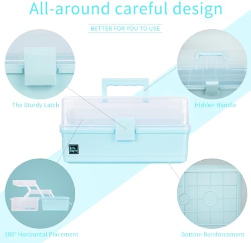 Creahaus 13 inch Art Craft Organizer Storage Box with 3 Layer, Multipurpose Plastic Tool Box with Handle for Sewing, Art