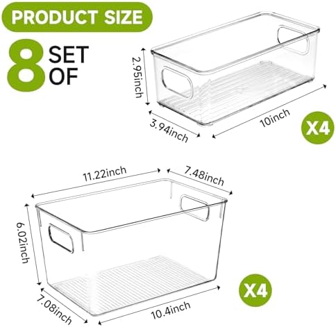 YKIOKE 8 Pack Clear Plastic Storage Bins with Handles, Stackable Organizer