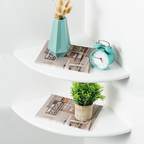 White Corner Shelf, Wall Mount 12inch Natural Oak Wood Floating Corner Wall Shelf Round End Small Corner Nightstand Plan