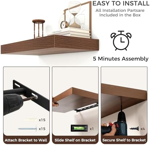 72In Floating Shelves for Wall, 6.5"D Wood Storage Shelves, Walnut Finish