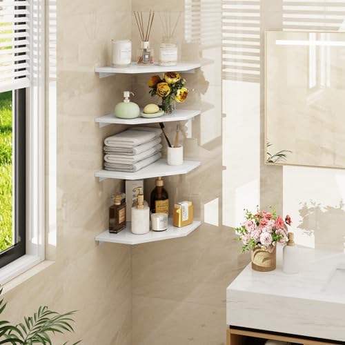 Homode Corner Wall Shelf, Corner Shelf Floating, Set of 4 Wooden Hanging Corner Shelves with Wire Hole for Bathroom Livi