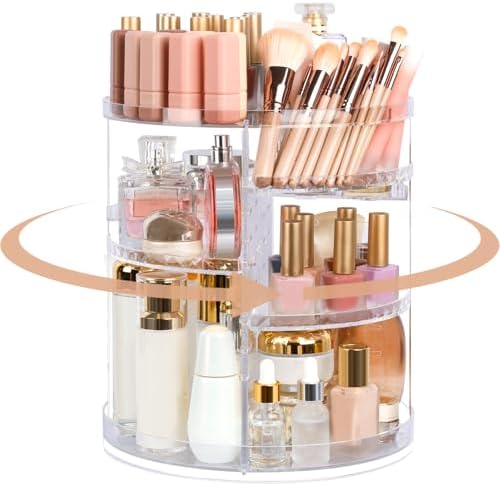 Boxalls Makeup Organizer Rotating Large Capacity, 360 Makeup Carousel with Brush Compartment, Clear Skincare Cosmetic Sp