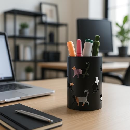 Mango Steam Metal Pen Holder, Makeup Brush Cup Organizer for Office, Bathroom, Vanity (Black, Cat)