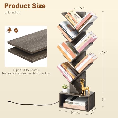 Hoctieon 6 Tier Tree Bookshelf with LED Lights, Small Bookcase, Freestanding Book Shelf, Display Floor Standing Storage 