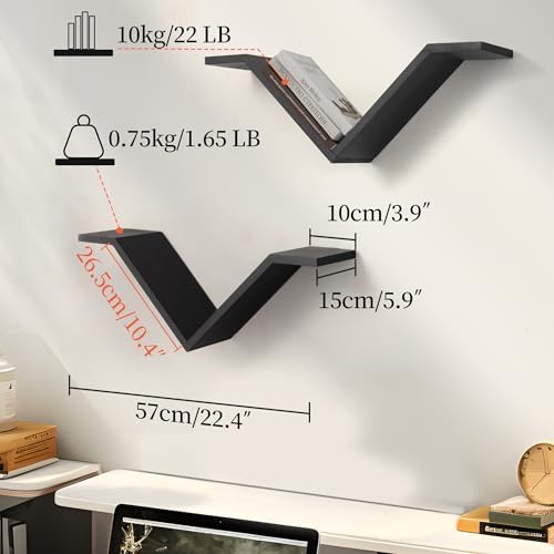 Black Book Shelves for Wall, Modern Hanging Bookshelf Set of 2