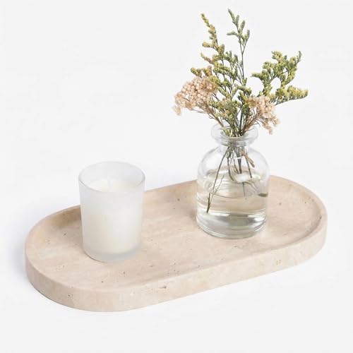 Beige Travertine Vanity Tray | Natural Stone Bathroom Organizer | Perfume & Jewelry Storage for Spa, Bedroom, Kitchen | 
