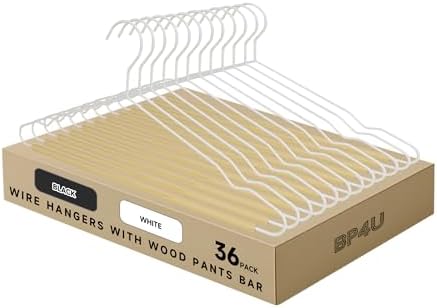 Wire Metal Hangers with Smooth Beech Wood Pants Bar, White, 36-Pack