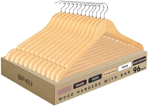 Wooden Clothes Hangers with Pants Bars, Natural Wood, 96-Pack