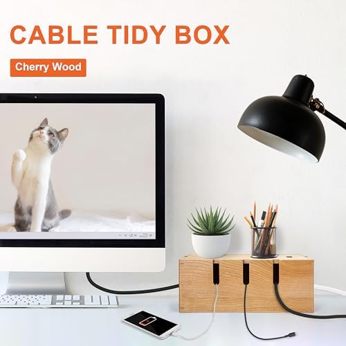 Elitzia Cherry Wood Cable Management Box for Desk Office, Magnetic Lid