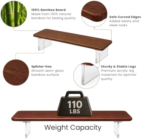 Bamboo Monitor Riser, Wide Desktop Monitor Stand for Desk with Clear Acrylic Legs, 31.5 x 8" Bamboo Wood Shelf, Fit Keyb
