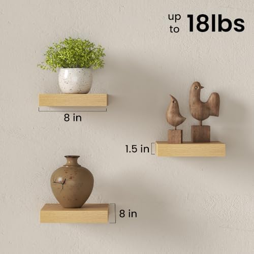 8" Long x 8" Deep Floating Shelves for Wall, Set of 3, 1.5" Thick, Oak