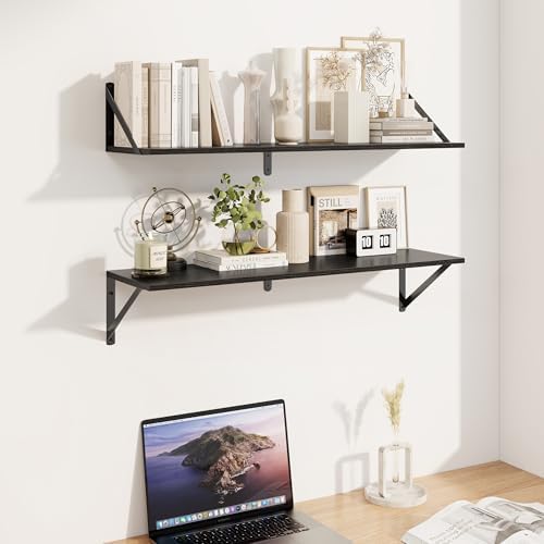 Heimlove Black Deep Floating Shelves for Wall, 32W x 8D Wood Wall Shelves Set of 2, Wide Floating Bookshelf for Living R