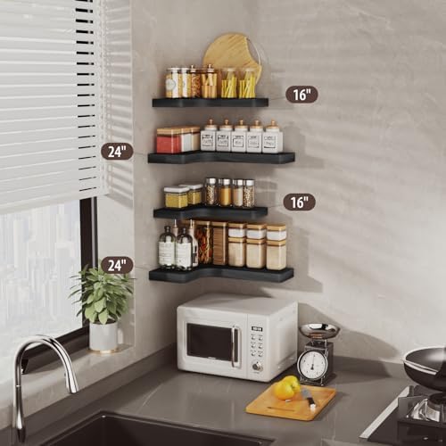 SAUMONIERES Corner Floating Shelves 24 Inch Wall Mount Shelf Solid Wood for Bedroom Bathroom Kitchen Storage Set of 2, B