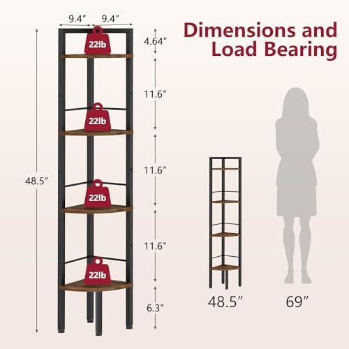 Tajsoon Corner Shelf Stand 4 Tier 48.5" with Metal Frame, Rustic Brown