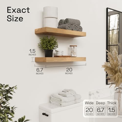 Natural Wood Floating Shelves for Wall 20 Inch Oak, Wooden Bathroom Shelf